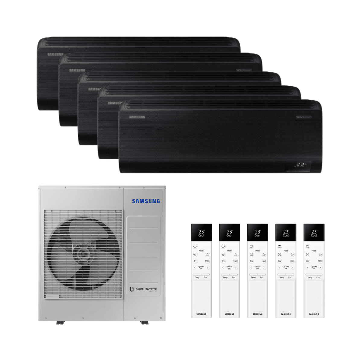 Klimatyzator 5x1 z Wi-Fi Samsung WindFree Avant Black S2 2,0 kW (3) + 2,5 kW + 3,5 kW z odnośnikiem SAMWFCAB20707070912 od marki SAMSUNG