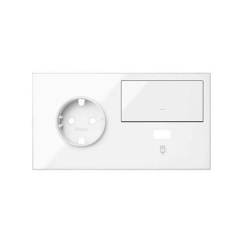 Zestaw przedni na 2 elementy z 1 gniazdem schuko, 1 klawiszem i 1 ładowarką USB lewa biały błyszczący Simon 100 z odnośnikiem 10020207-130 od marki SIMON