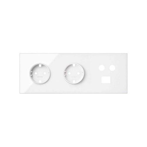 Front kit for 3 elements with 2 Schuko socket outlets and 1 unique R-TV+SAT socket with 1 RJ45 connector glossy black Simon 100 with reference 10020303-230 from the brand SIMON