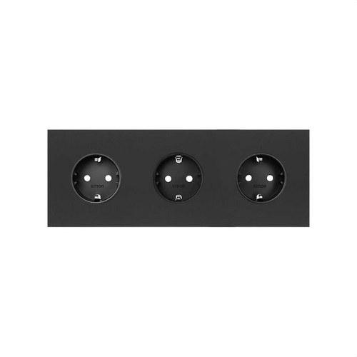 Front kit for 3 elements with 3 matte black Schuko sockets Simon 100 with reference 10020302-238 from the brand SIMON